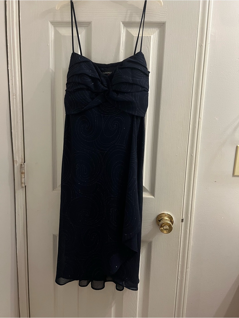 MARINA Navy Spaghetti-Strap Midi Dress with Twist Bodice